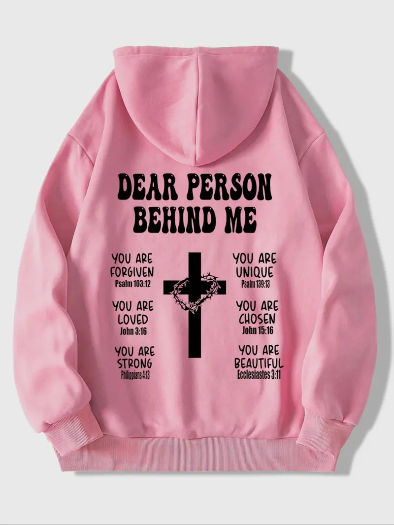 Christian Fitted Hoodie with Bible Verse, Long Sleeve Inspirational Sports Sweatshirt, Faith Cross Graphic Printed Pullover Hoodie, Casual Fall & Winter Wear, Printed Hooded