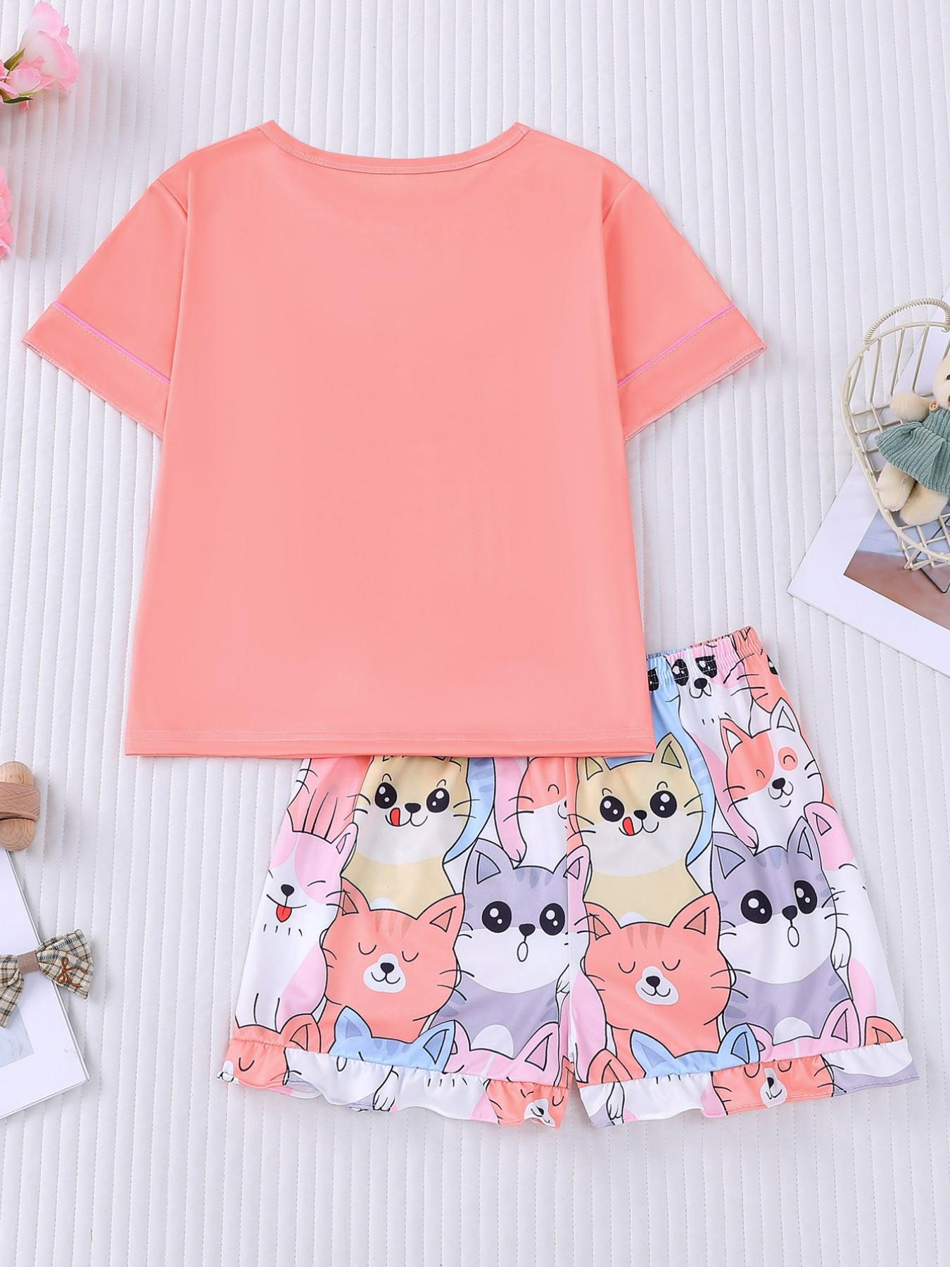 Cartoon Cat Theme Sleepwear Set, Summer Fire Retardant Fabric, Cute Short Sleeve Pajamas, Cartoon Print Pajama, Casual Home Wear, Kids Gift Set