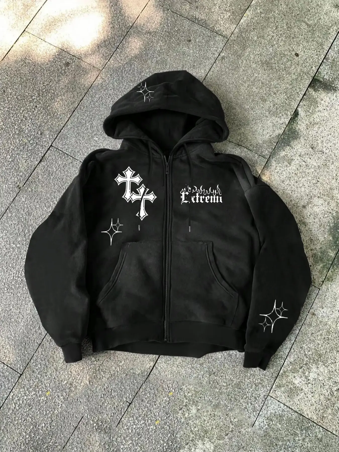 Men's Trendy Zipper Hooded Jacket, Y2K Letter Cross Pattern, Casual Loose-Fit Outerwear, Hip-Hop Style Sweatshirt Coat, Zip Up