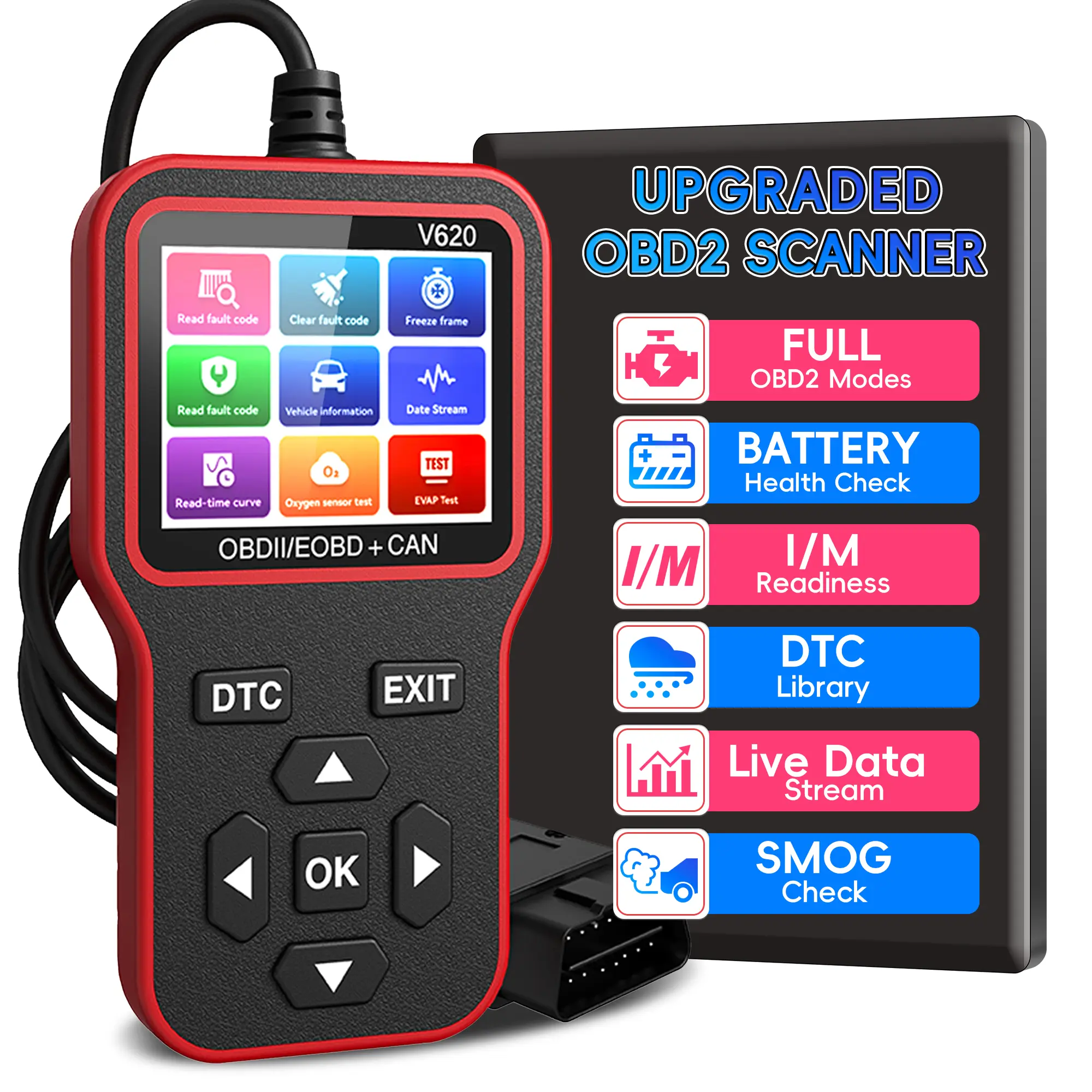 Professional Obd2 Scanner Diagnostic Tool, Automotive OBD2 Scanner with Upgrade Battery Tester - Diagnostic Tool for Cars That Check Engine Light & Emissions Readiness Read and Clears Vehicle Error Codes for All OBD II Protocol Vehicles Since 1996