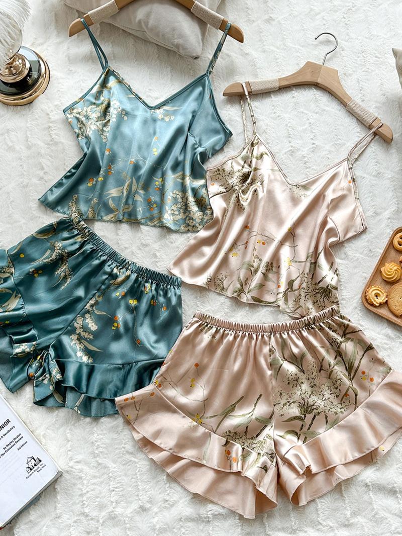 Women's Floral Print Cami Top & Ruffle Trim Shorts Satin Pyjama Set, Summer Outfits 2024, Casual Comfort Camisole & Elastic Waist Shorts PJ Set, Summer Clothes, Sleepwear Set for Women