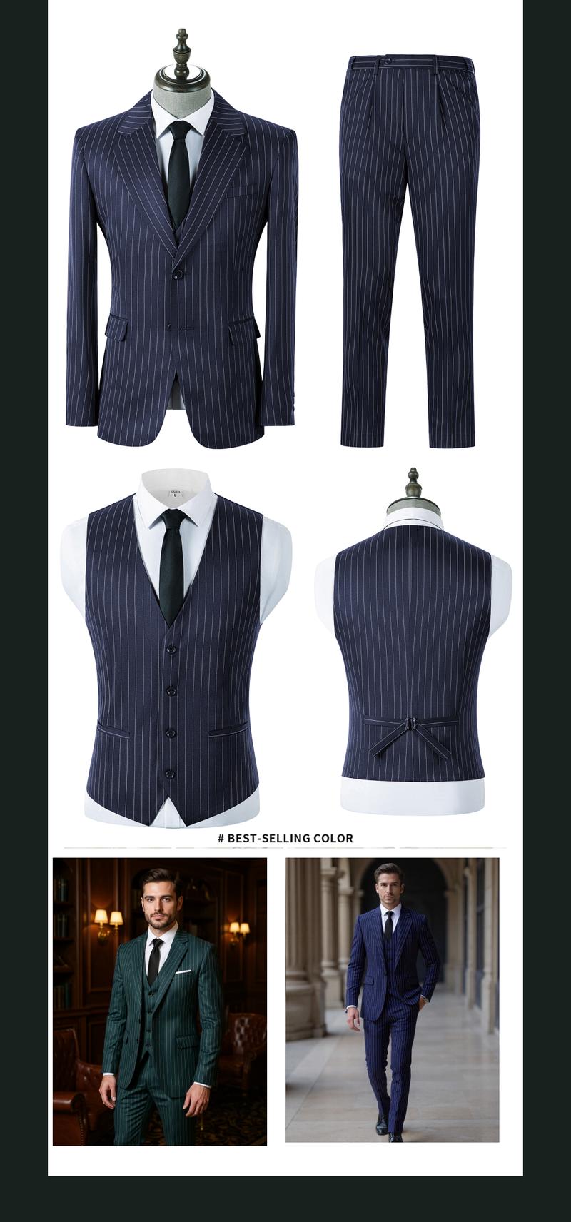 Men's Long Sleeve Slim Fit Pinstripe 3 - Piece Suit for Business Casual, Semi - Formal Wedding & Prom Occasions