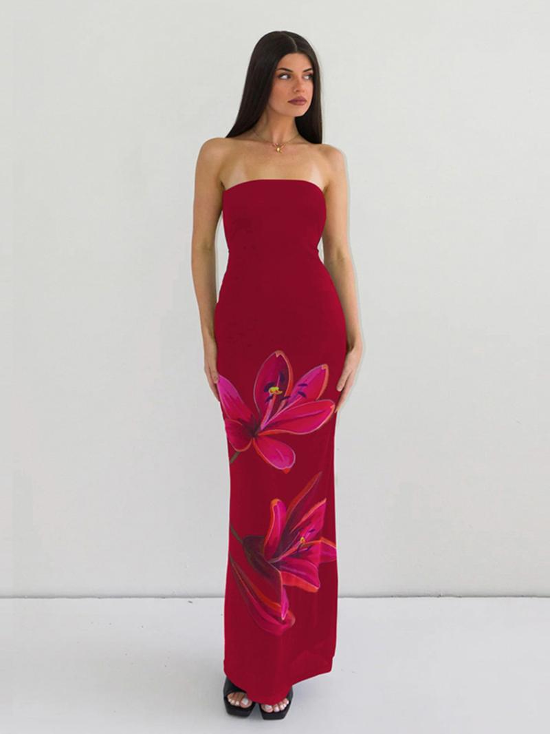 Women's Floral Print Backless Bodycon Tube Dress, Elegant Strapless Tie Back Dress for Party Club Dating Wear, Ladies Summer Clothes