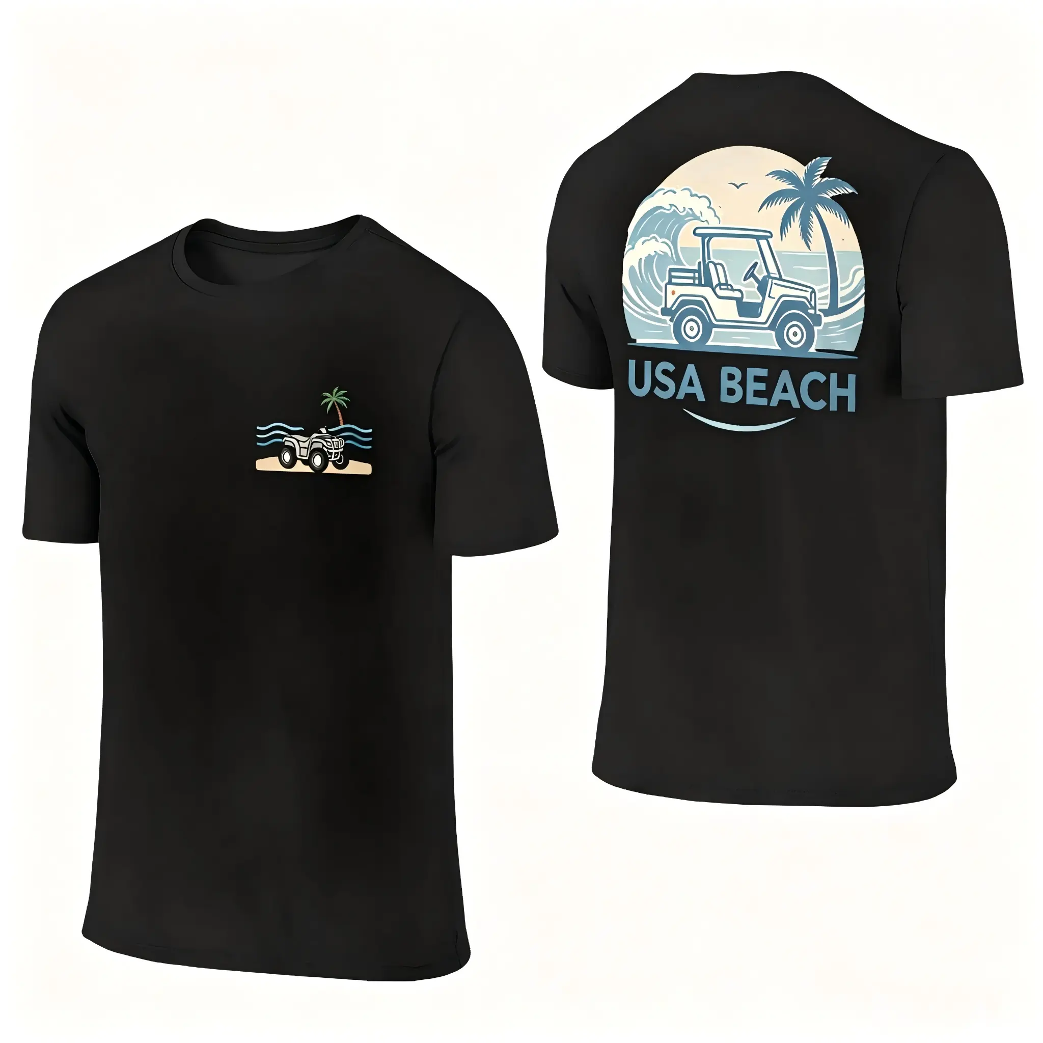 Men's USA Beach ATV Graphic T-Shirt - Black, Short Sleeve, Medium Length Summer Casual Clothes, Small Print Front Chest, Large Back Ocean Palm Tree/Off-Road Vehicle Design, Machine Washable