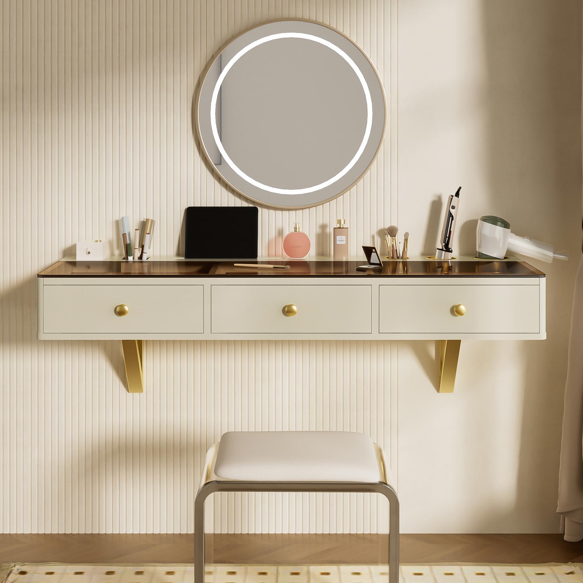 6 drawer beige dresser Nora LED Mirror Dressing Table and Stool Set main image 0