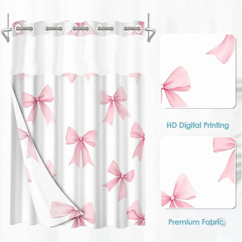 1pc hookless shower curtain with buckle lining, spring pink and white bow pattern design, 2D flat printing, fabric waterproof lining, see-through double-layer shower curtain, 71 x 74 inches, modern home draping curtain, Shower Curtain Liner