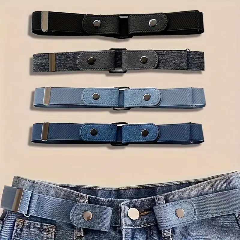 Women's 4-Pcs Invisible Adjustable Elastic Belts Set - No-Hole Stretchy PU Leather, Polyester & Spandex Blend, Snap Buckle, Chic Business Style Accessory for Pants & Jeans
