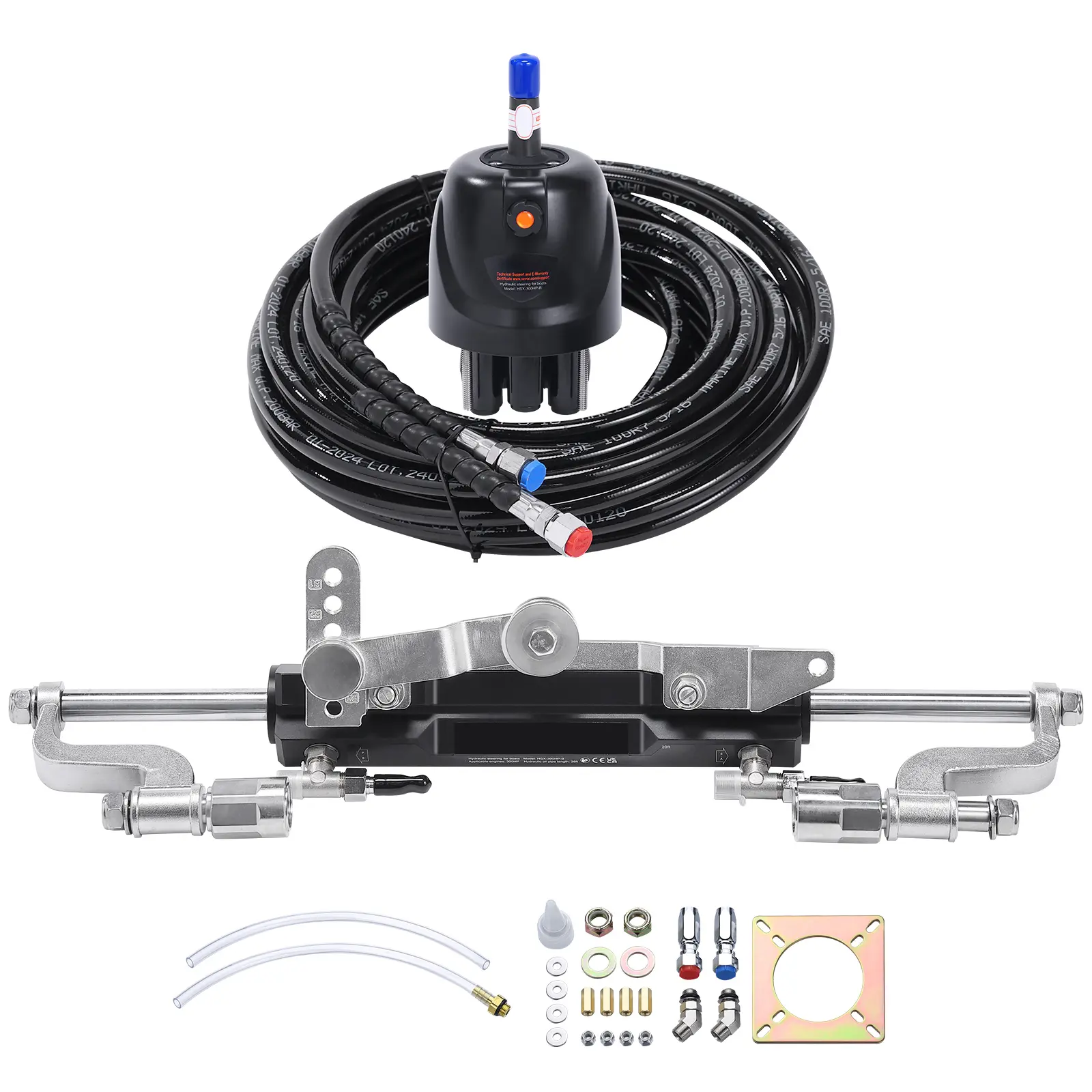 Hydraulic Outboard Steering Kit, 300HP, Marine Boat Hydraulic Steering System, with Helm Pump Two-Way Lock Cylinder and 26 Feet Hydraulic Steering Hose, for Single Station Single-Engine Boats