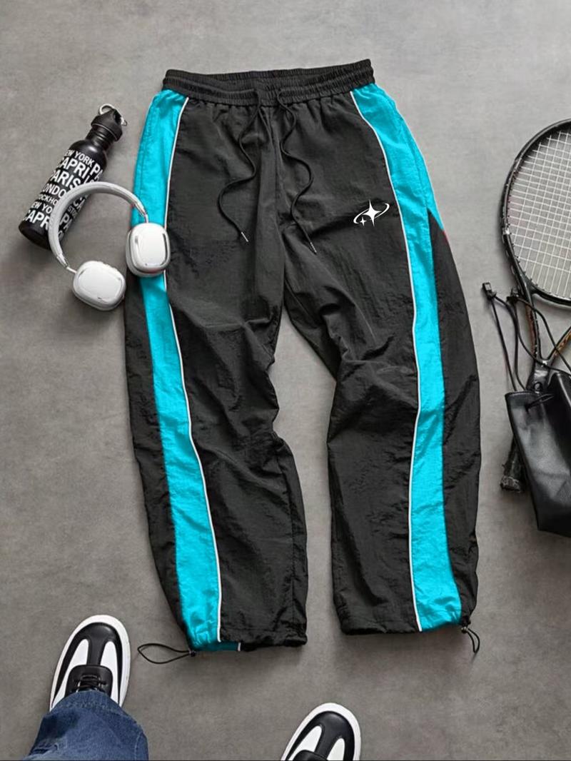 Men's Fashion Print Casual Outdoor Pants, Loose Fit Gym Shorts, Waist Drawstring, Elastic Cuff Design, Nylon Fabric, Lightweight Comfort, Outdoor Training Pants