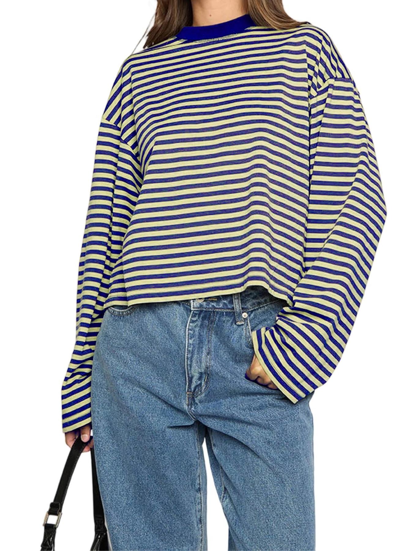 Women's Minimalist Striped Casual Long Sleeve Sweatshirt Top, Loose-Fit Kint Fabric Knit, All Seasons Wear, Moderate Thickness