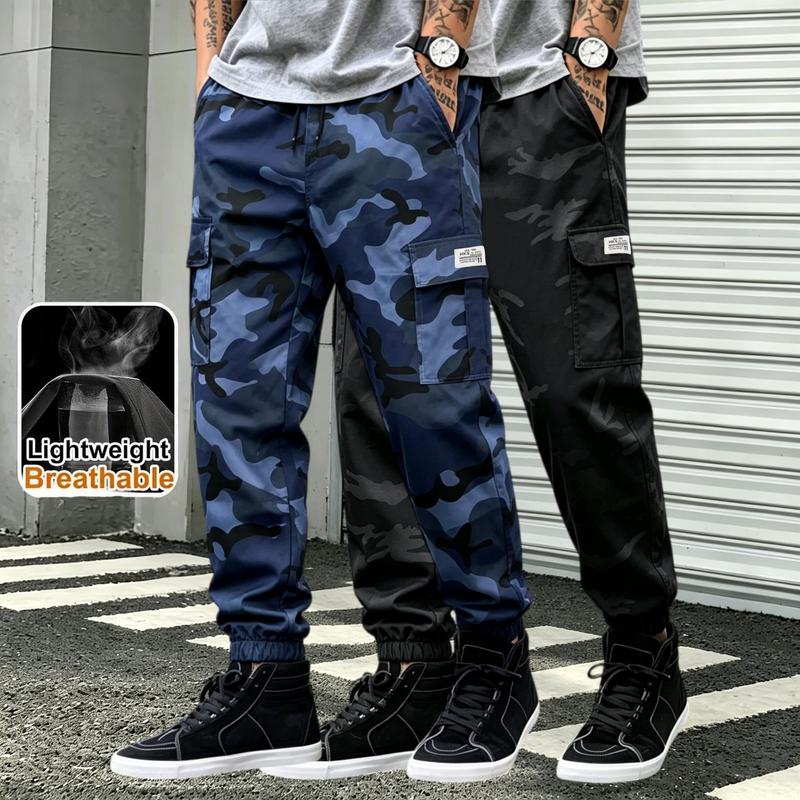 Men’s 2PCS Camo Work Cargo Pants, Lightweight Breathable Thin Fabric, Drawcord Adjustable Waist, Flap Multi Functional Pockets, Loose Straight Fit, Casual Trousers for Daily Commute & Outdoor Adventures