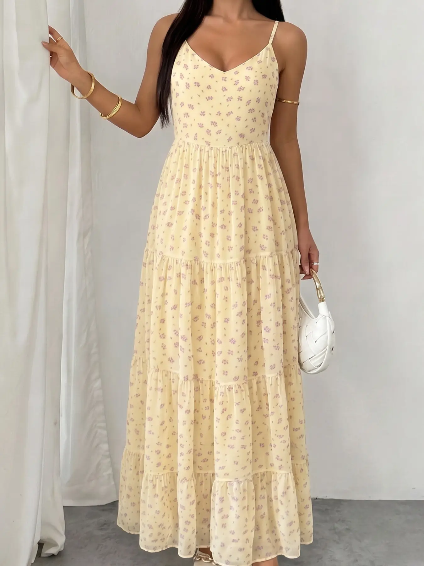 Women Light Yellow Ditsy Floral Cami Midi Dress, V‑neck with adjustable spaghetti straps, back invisible zipper. Tiered ruffle flowy skirt, loose forgiving fit. Lightweight fabric, perfect for picnic, vacation, dating and summer outdoor photoshoots
