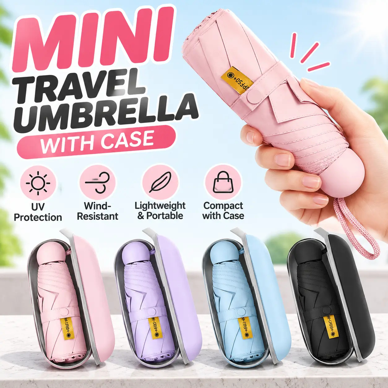 Compact Folding Travel Umbrella with Matching Carrying Case, Portable UV Protection Pocket Umbrella with Wind-Resistant Construction, Space-Saving Mini Sunshade for Women and Men, Convenient Rain Protection for Backpacks, Handbags, Business Trips, Vacatio