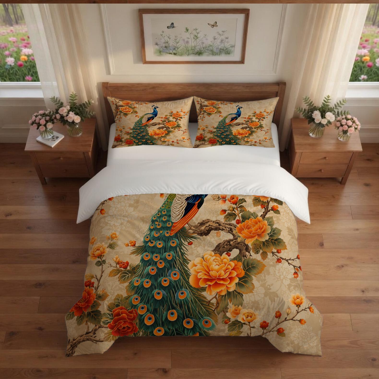Peacock & Peony Duvet Cover Set, 2/3 Pieces (1 Duvet Cover + 1/2 Pillowcases, No Inserts Included), Vintage Oriental Floral Print, Soft & Breathable Bedding, Suitable for Adults' Bedroom Decor and Home Use for Chinese Style Lovers