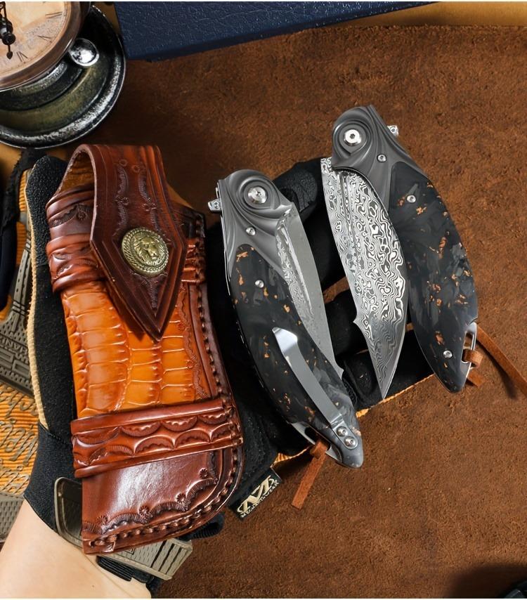 ALVELY Men's Tactical EDC Pocket Knife, Handmade Damascus Steel Folding Pocket Knife with Leather Case, Liner Lock and Charcoal Handle, Pocket Clip, Mountaineering Travel Camping Knife, Rescue Adventure Outdoor Suitable for Carrying