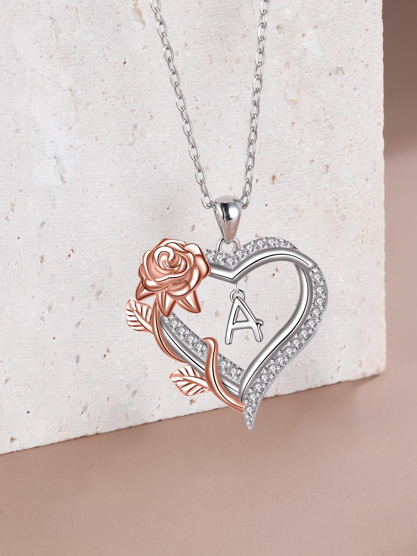 Moss Bear Rose Jewelry Gift Box With Rose Initial Love Heart Necklace for Women, Letter Alphabet Heart Necklace, Heart Design Necklace, Anniversary Birthday Jewelry Gifts for Wife Mom Girlfriend