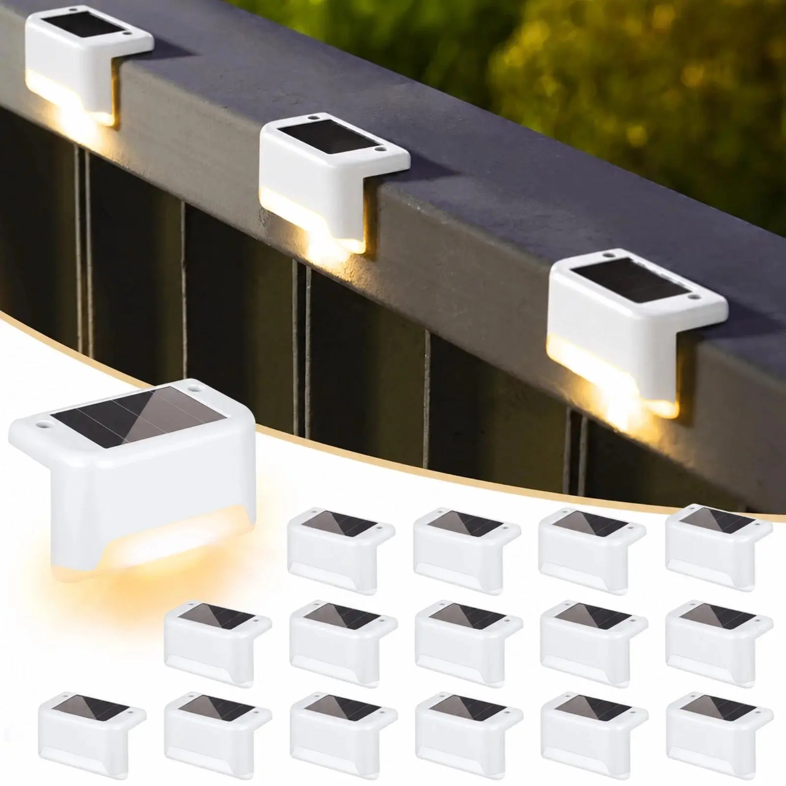 16-Pack Solar Deck Lights, Outdoor IP44 Waterproof Solar Step Lights for Stairs, Fence, Railing, Balcony & Pathway, Auto On/Off Solar Powered Outdoor Lighting, White
