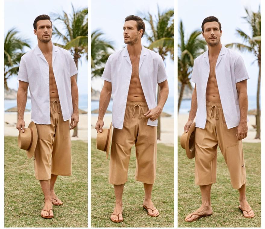 Runcati Mens Linen Harem Capri Pants Drawstring 3/4 Shorts Casual Beach Yoga Hippie Thai Pants