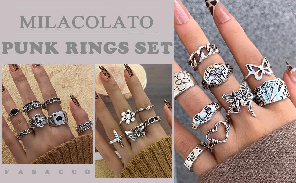 49PCS Vintage Silver Punk Rings Knuckle Rings Set for Men Women Snake Cross Flower Chunky Rings Open Adjustable Goth Punk Hip Hop Cool Midi Stackable Rings Pack