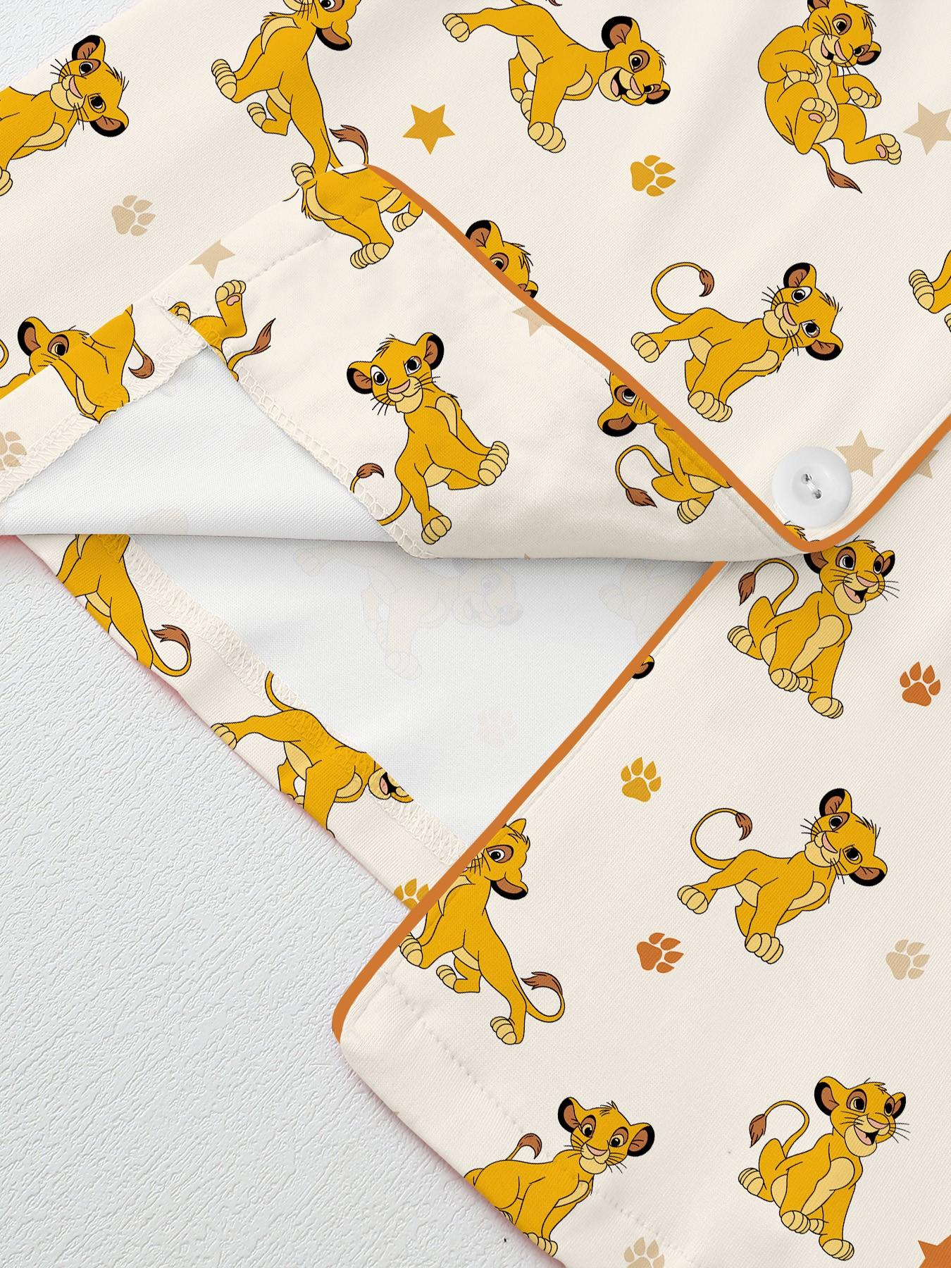 Adorable Lion Print Women's Pajama Set, Comfortable Two-Piece, Short Sleeve Button-Up Top & Elastic Shorts, Casual Home Wear, Loungewear, Party Gift