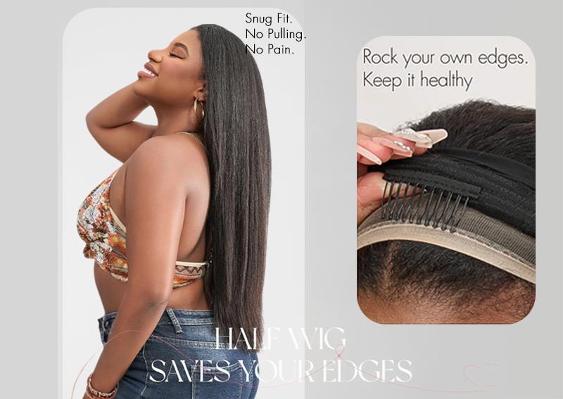 Recool Hair Pre-Layer Half Wig Yaki Body/Burmese Curly/Yaki Straight Human Hair Wig With Drawstring Minimal/No Leave Out Upgrade Wigs for Black Women Beginner Friendly No Sew in No Glue Glueless Clip In Half Wig 180% Density#TikTokShopBlackFriday