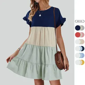 Imily Bela Looks Cute Women Summer Casual Ruffles Dress Color Block Short Sleeve Babydoll Loose Swing Flowy T Shirt Dress RP1028