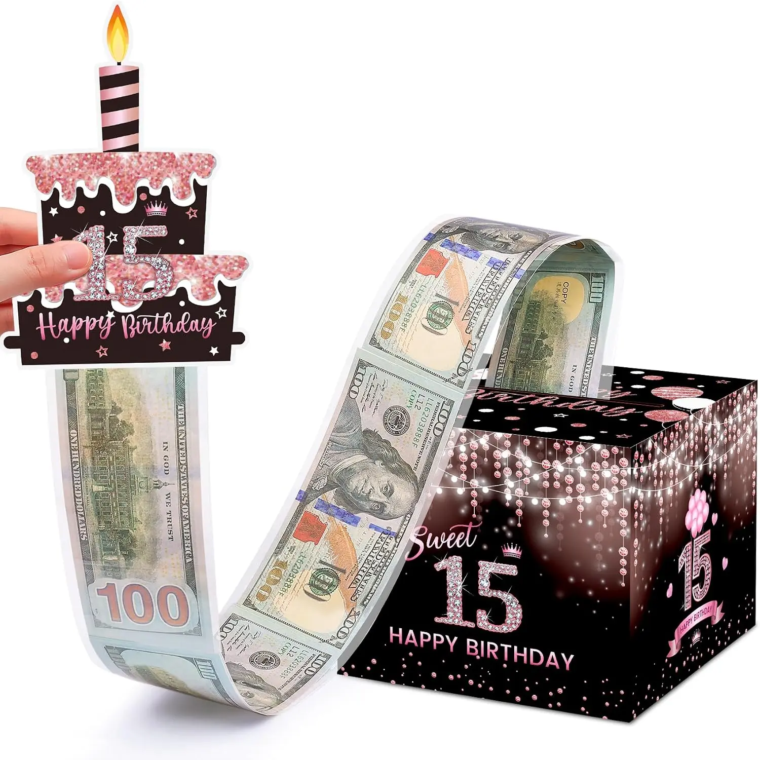 Sweet 15th Birthday Money Box for Cash Gift, Surprise Pull Out Money Gift Box with 50Pcs Transparent Bags - Fun Ways to Give Cash as A 15th Birthday Gift for Girls