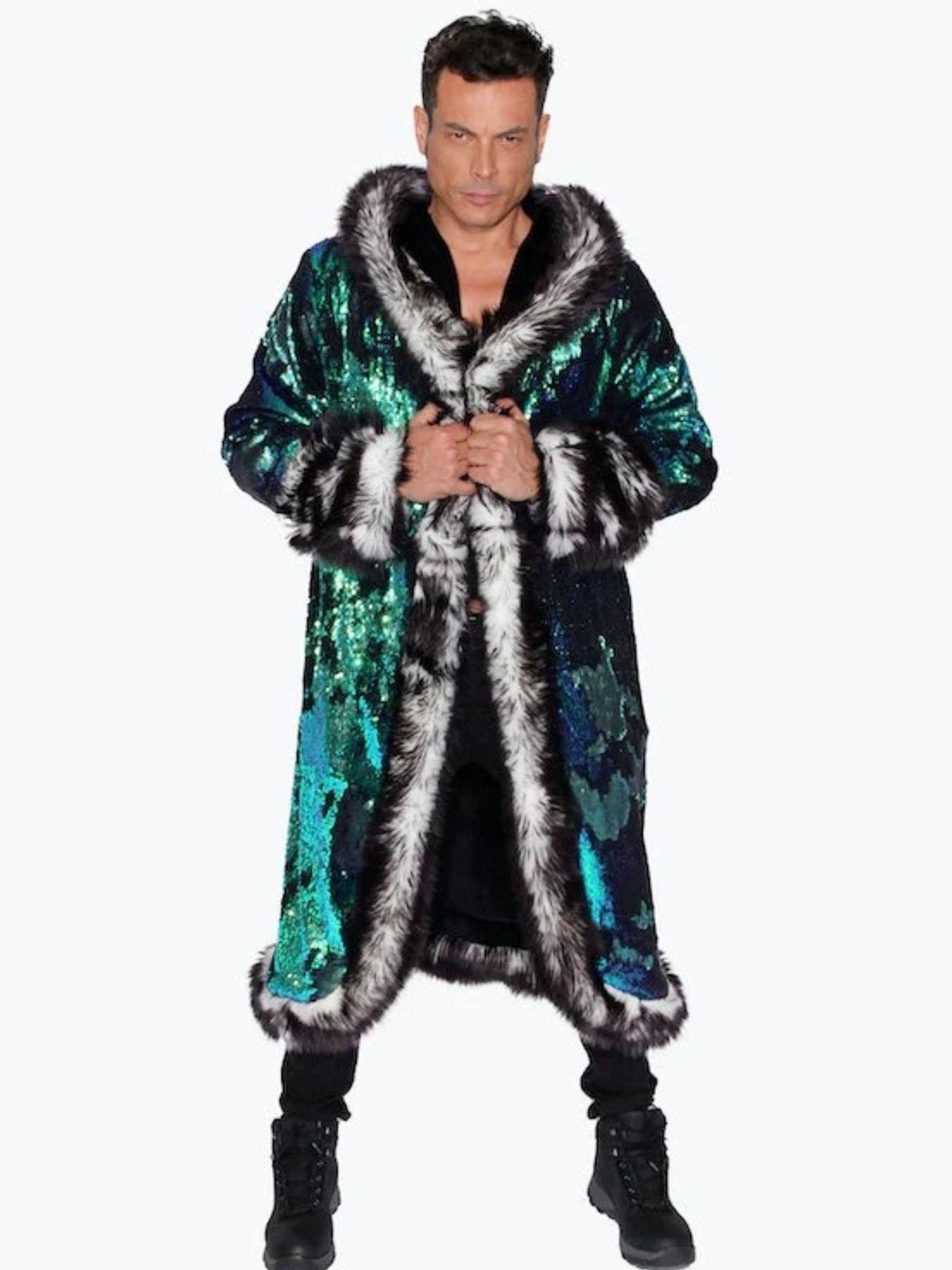 Men's LED Glow Hooded Jacket, Faux Fur Style, Colorful Light Strips, Plush Trim, Sequins, Festival Party Night Outwear