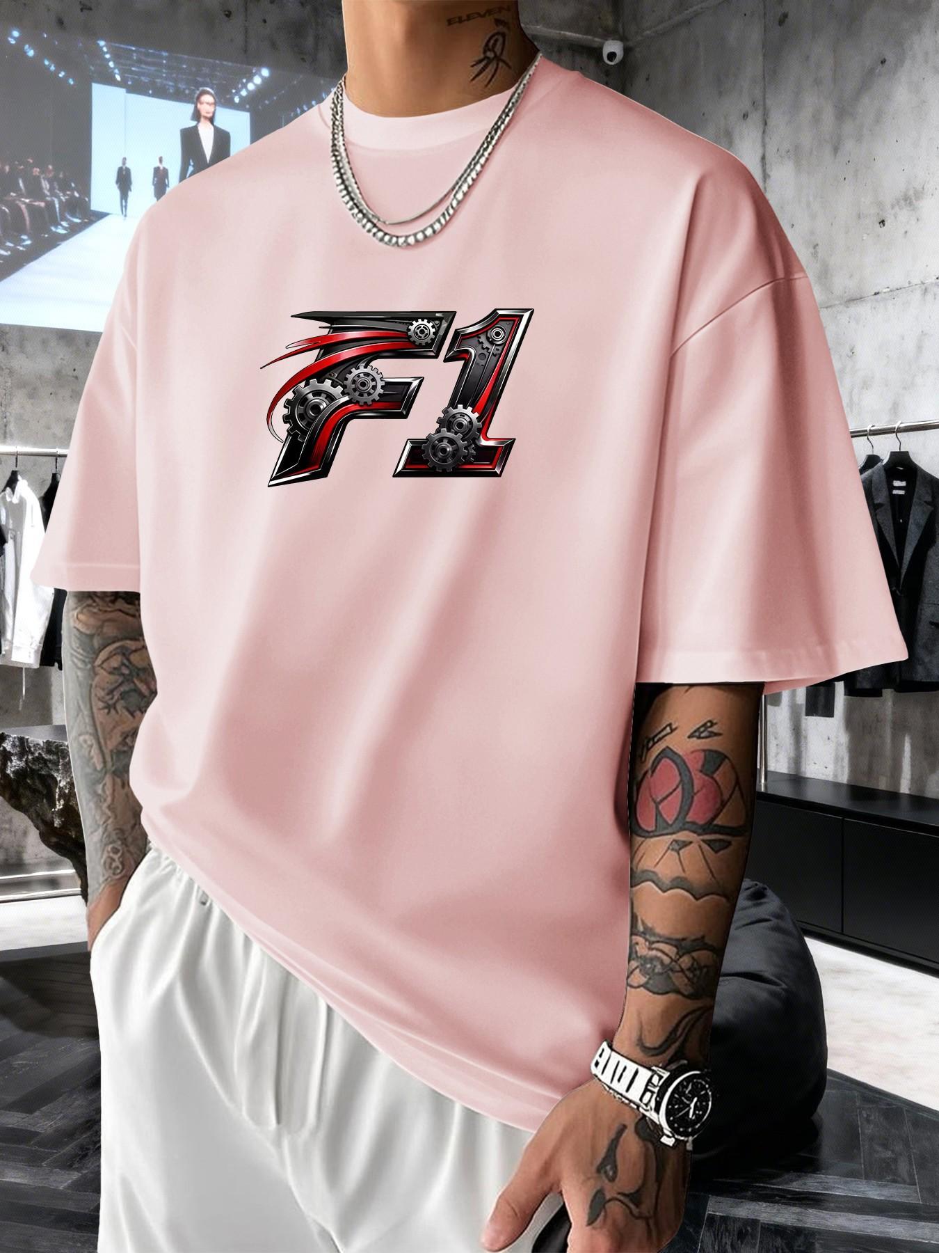 Mechanical Gear F1 Print Men's Trendy Graphic Streetwear Short Sleeve T-Shirt, Casual Slim-Fit Long Top for Spring Summer