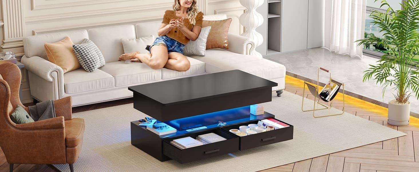 Sikaic 40 Inches Lift Top Coffee Table With 2 Fabric Drawers And LED Light