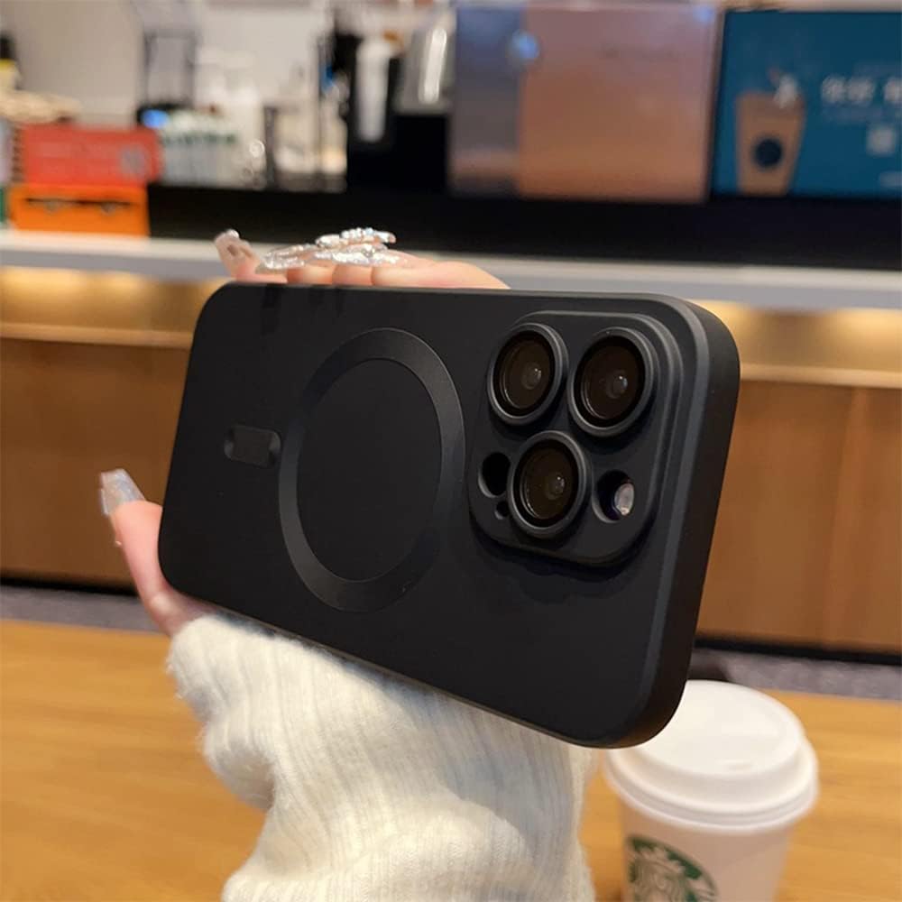 For iPhone 17 Pro Max 16 15 14 13 12 11 Pro Max Mag Safe Slim Case with Glass Camera Lens Cover Durable Silicone Slim Shockproof Cover (Black)