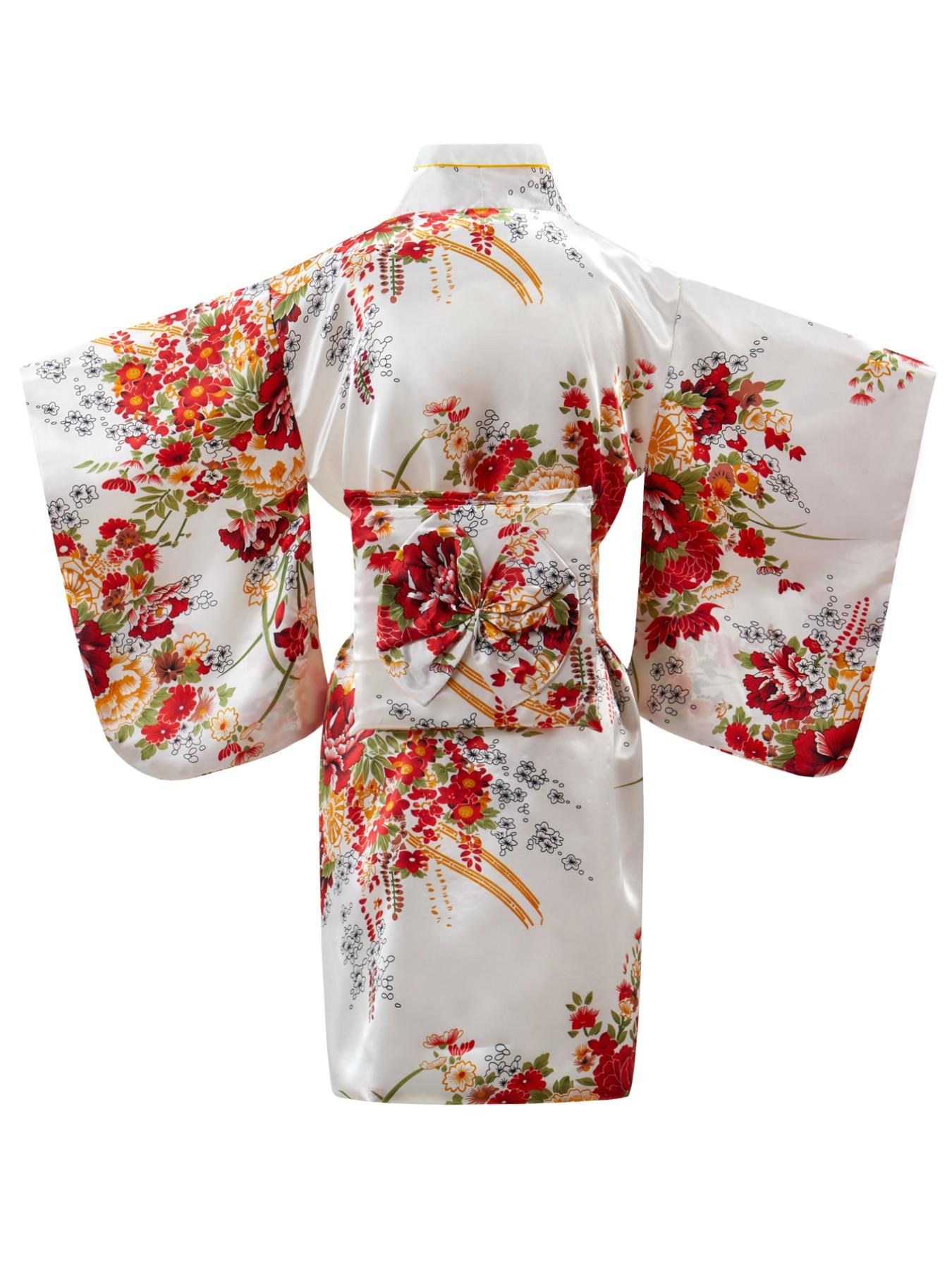 Girls Japanese Floral Satin Kimono Robe Kids Yukata Dress with Obi Children’s Bathrobe Traditional Costume for Cosplay Birthday Party  Photoshoots Cultural Festival School Event Photoshoots & Daily Loungewear Ideal Gift for Girls