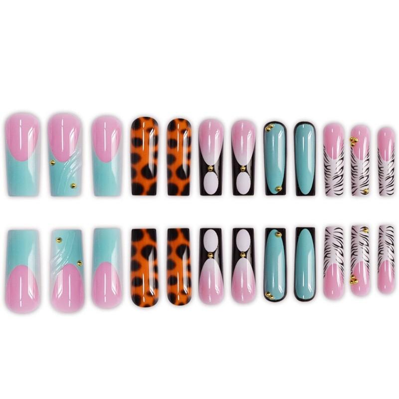24pcs 3D Mixed Pattern Square Nails, Zebra Leopard Lake Blue Design with Gold Beads, Glossy Reusable False Nails, Y2K Style, Party & Daily Wear