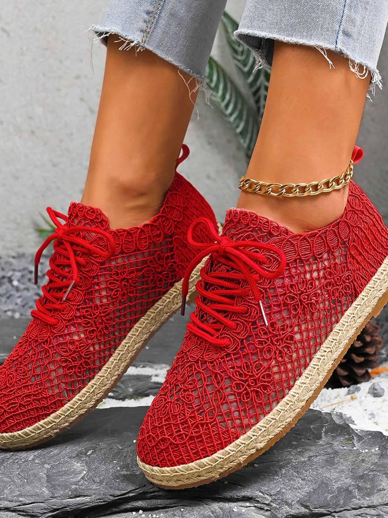 Women's Summer Crochet Sneakers, Casual Breathable Mesh Shoes, Handmade Hooked Knit, Round Toe, Low Ankle, Random Print, Fashion Trendy