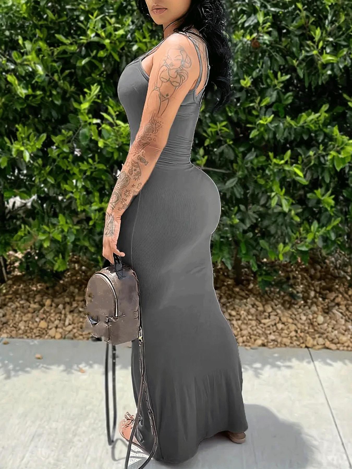 Sleeveless long dress with elastic striped panels — spring/summer casual spaghetti-strap dress, slim fit, fiber fabric