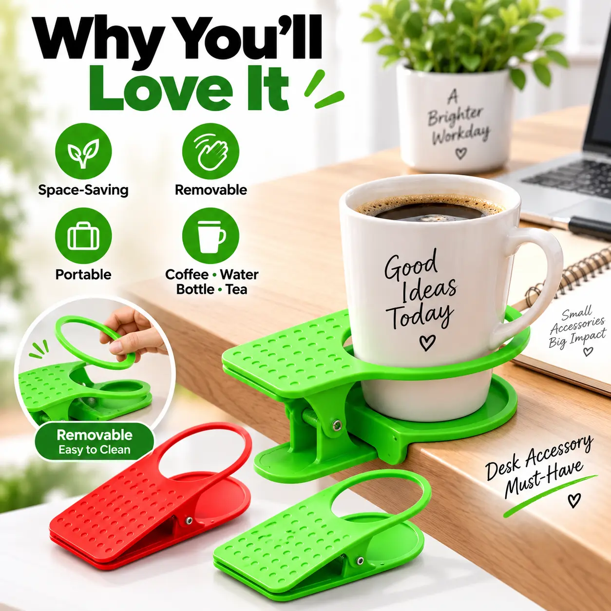 Adjustable Clip-On Cup Holder for Desk, Clamp-On Table Edge Drink Holder & Desktop Organizer, Space-Saving Removable Cup Holder for Coffee, Water Bottles & Tea, Home Office Dorm Bedside Accessories, 1 Pack