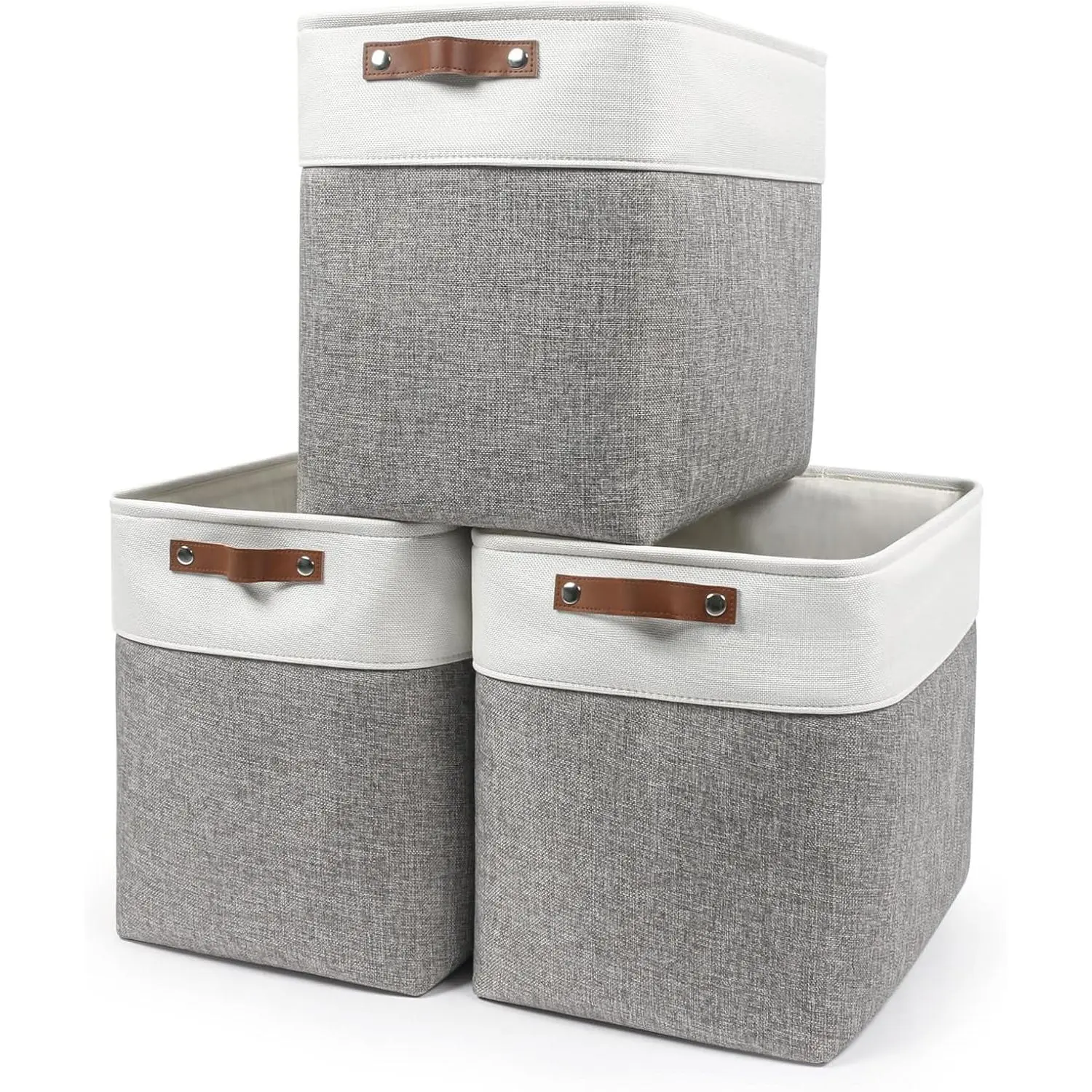 Large Fabric Storage Baskets | 50L Storage Bins, Decorative Linen Closet Baskets with Handles for Organizing, Shelf, Toys, Clothes, Home, Office, Nursery, 17x12x15Inches (Grey&White)
