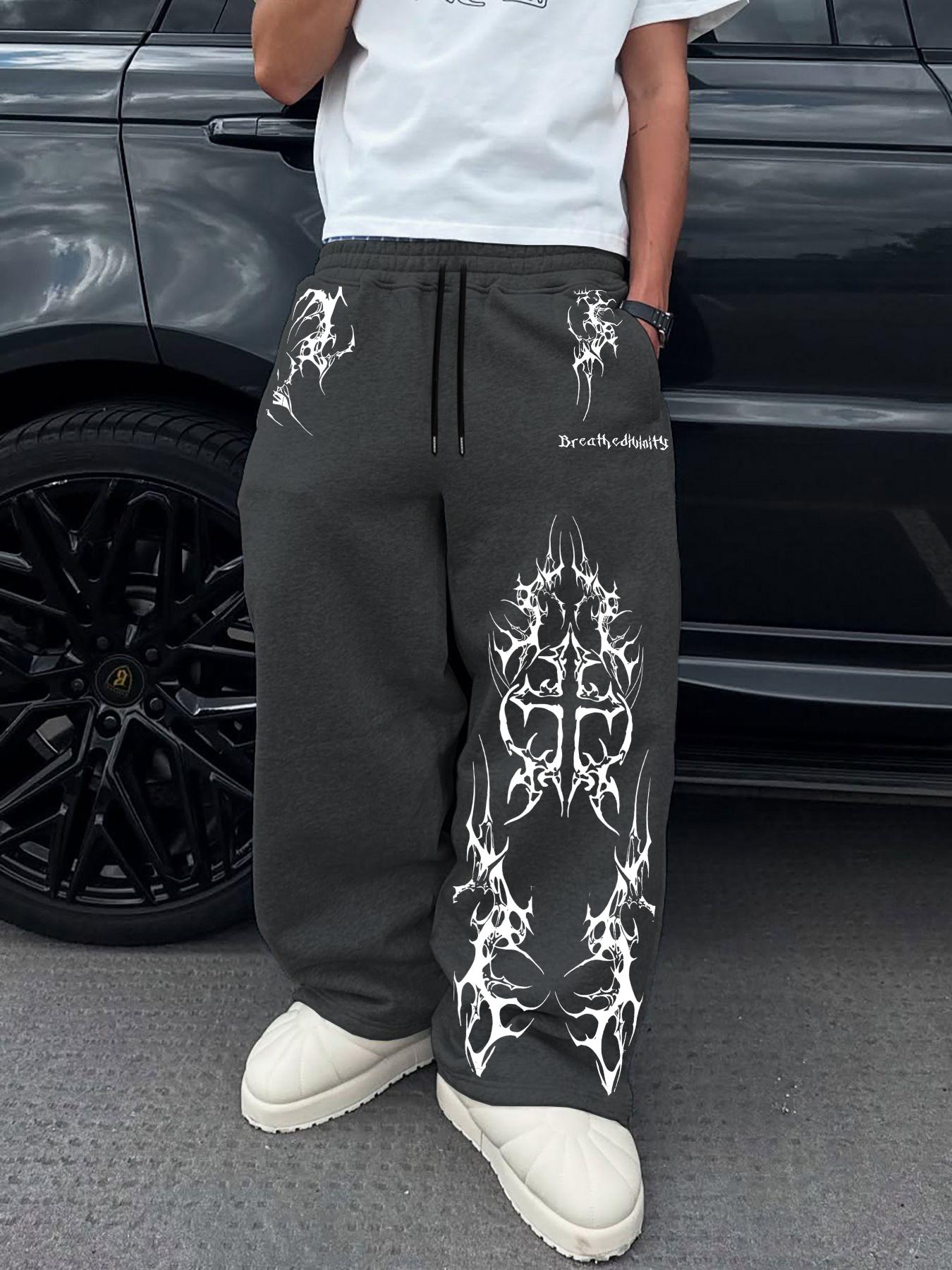 Men's Fashion Casual Sport Pants, Dark Totem Print, Cool Style, Loose Fit, Drawstring Waist, Breathable Sweat-Absorbent, Streetwear, Athletic Bottoms
