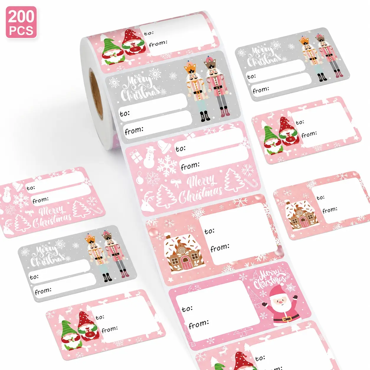 200 Pcs Christmas Gift Name Tag Stickers, Pink Santa & Reindeer Self-Adhesive Labels, To/From Holiday Gift Tags for Presents, Party Favors, Home Decor & Wine Bottle Decoration