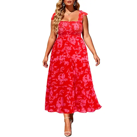 PINUP FASHION Women's Plus Size 14W Bohemian Sleeveless Square Neck Ruffle Tiered Swing Maxi Dress - Adjustable Elastic Smocked All-Over Print Rayon Garment, High Waist, Soft Fabric for Sun Beach Casual Wear