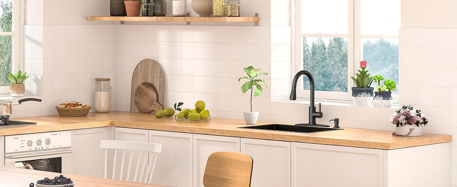 FORIOUS Kitchen Faucet with Soap Dispenser, Kitchen Faucets with Pull Down Sprayer, Updated High Arc Single Hole Faucet for Kitchen Sink RV