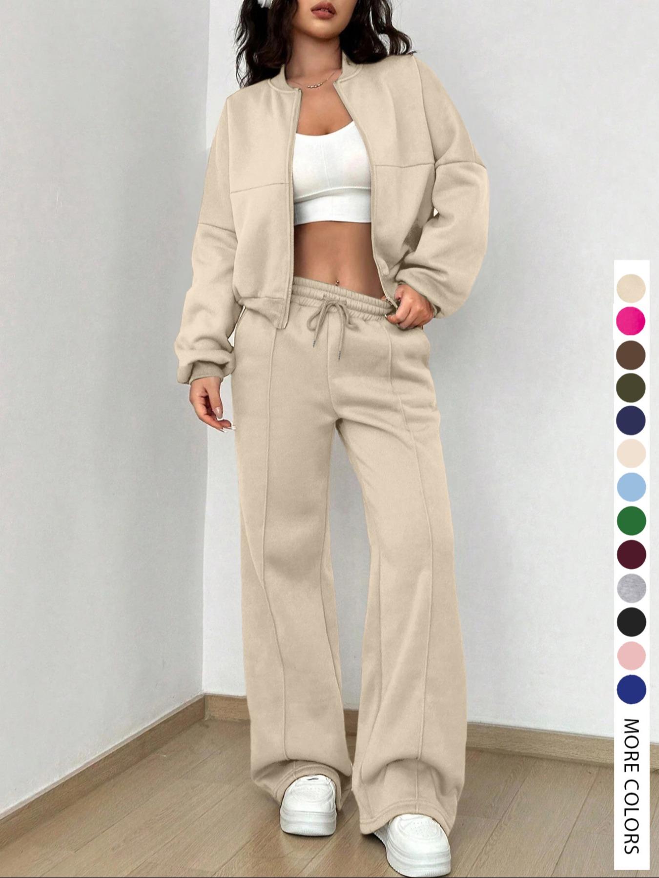 【LovelyWholesale】Women's Casual Striped Long Sleeve Zipper Jacket and Pants Set, Airport Wear, Fitted Natural Waist,Ladies Clothes for All Seasons