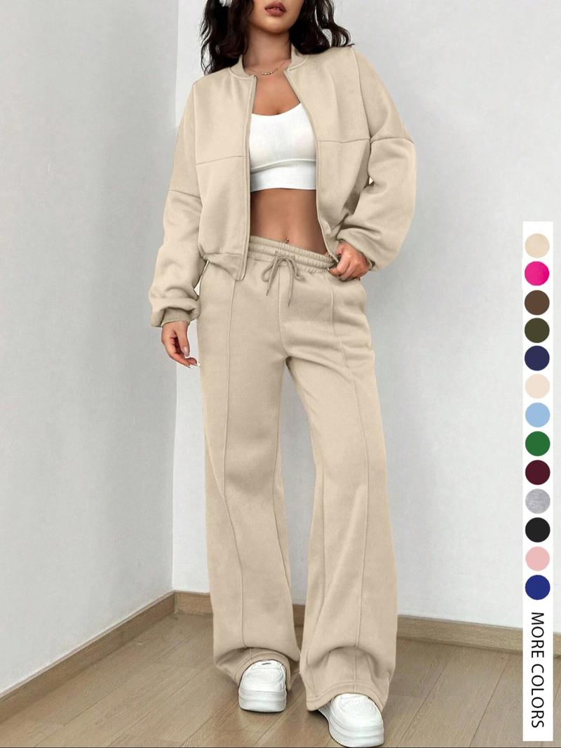 【LovelyWholesale】Women's Casual Striped Long Sleeve Zipper Jacket and Pants Set, Airport Wear, Fitted Natural Waist,Ladies Clothes for All Seasons