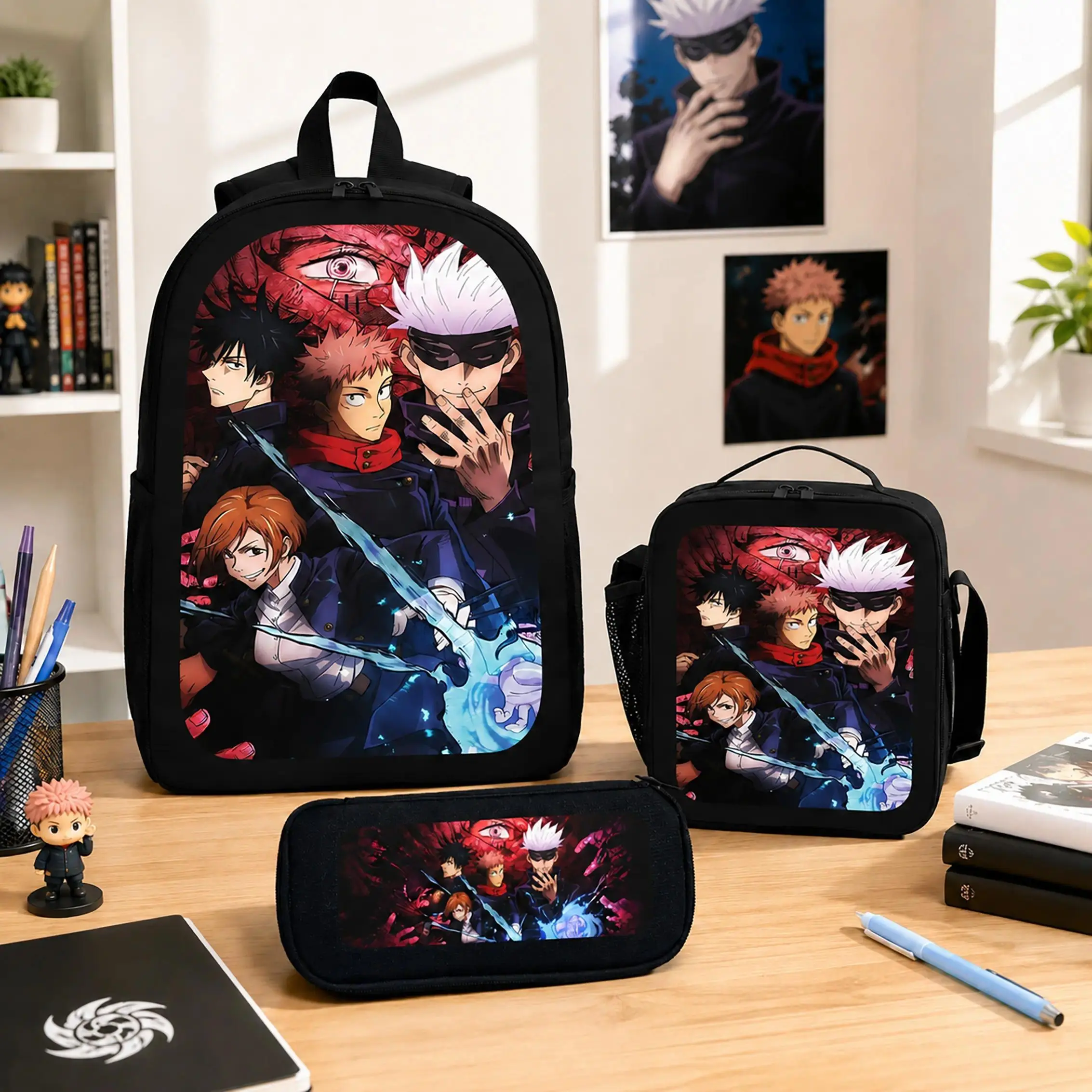 Jujutsu Kaisen Backpack Set Polyester Anime Backpack Lunch Bag Pencil Case Bookbag Back To School Travel Daily Carry Kids Teens Boys Girls Students Gojo Satoru Sukuna Fan Gift Cute Aesthetic Lightweight Durable TikTok Viral Trending