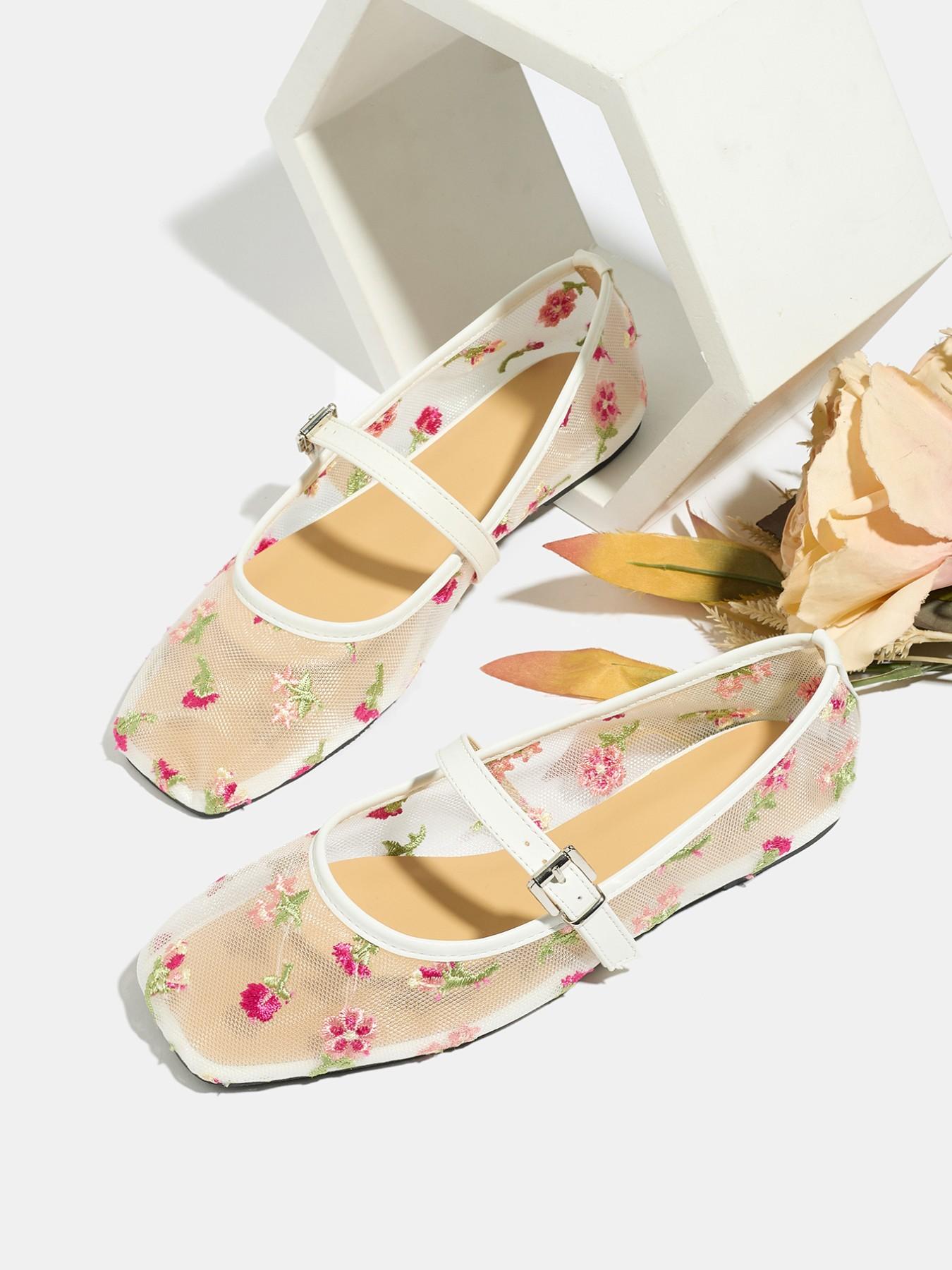 Women's Mary Jane Shoes Summer 2026, Breathable Mesh Low Heel Ballet Flats, Square Toe Casual Outdoor Dance Shoes