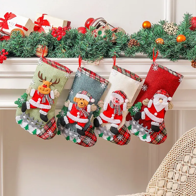 4 Large Burlap Christmas Stocking Decorations, Fence Christmas Gift Bags, Tree Hanging Ornaments, Candy Bag Accessories