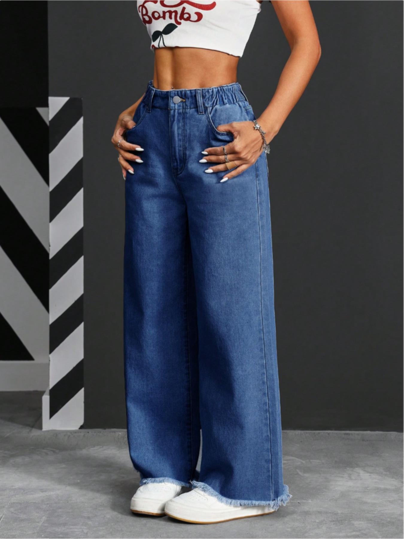 Women's High Waist Denim Jeans, Elastic Waist Design, Pockets with Buttons, Casual Fashion, Fuzzy Hem, Comfortable Pants for All Seasons