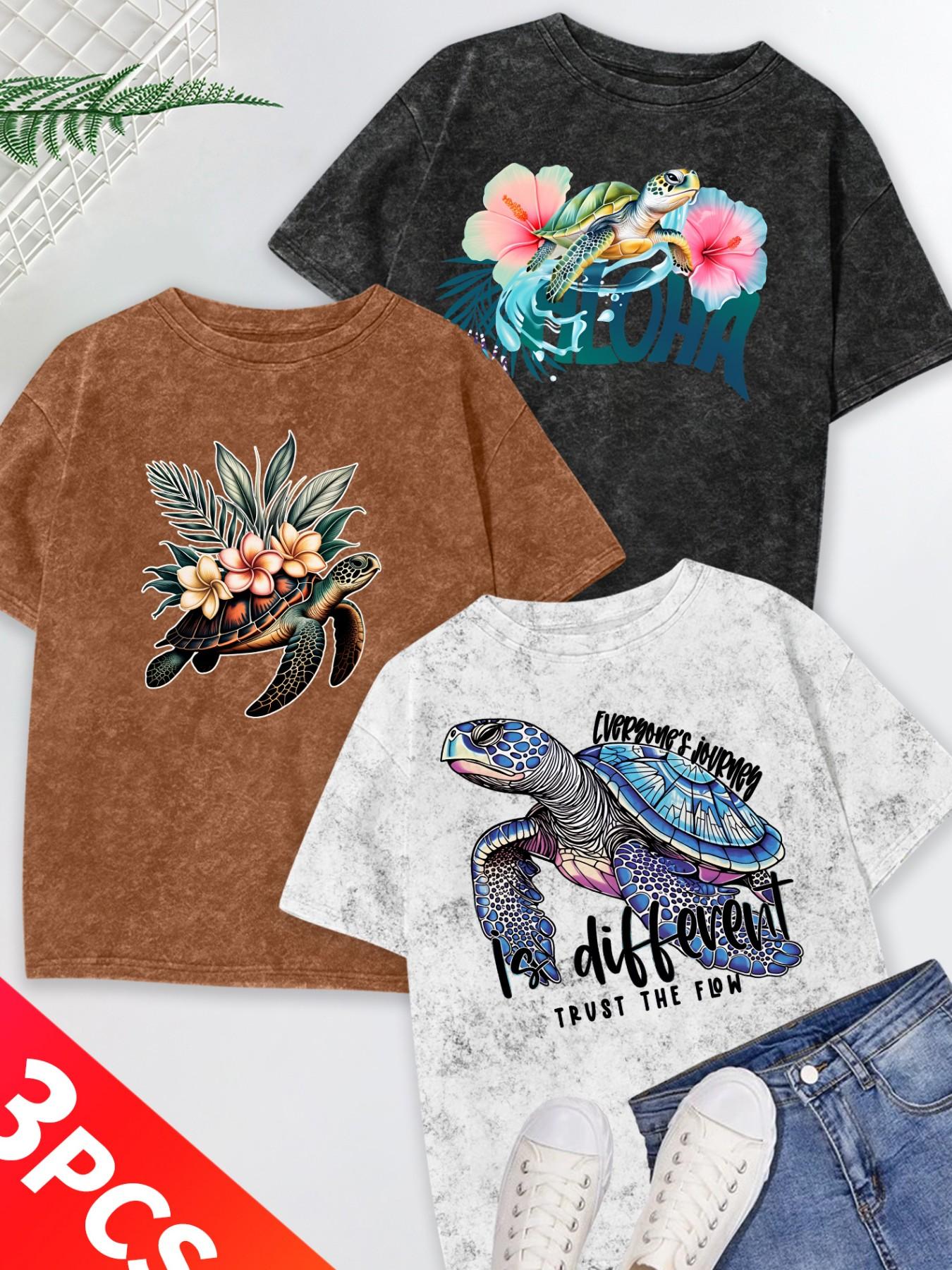 Women's 3-Pack Snow Wash Short Sleeve T-Shirt, Hawaiian Sea Turtle & Floral Print Set, Multiple Colors, Machine Washable, Spring & Summer Tops, Soft Skin-Friendly Fabric, Daily Wear, Fashion Design