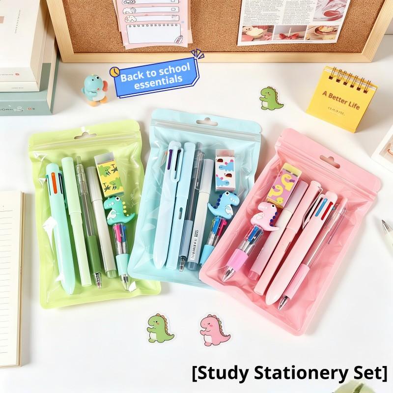 1 set of 6-piece dinosaur themed stationery, including dinosaur 6-color pens, pencils, ballpoint pens, erasers, and markers, Essential for back to school, Study Supplies. There are 3 colors to choose from, suitable for classroom rewards and holiday gifts