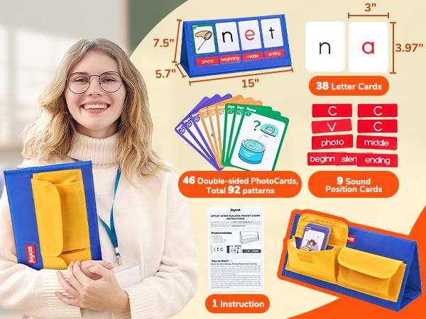 Word Building Desktop Pocket Chart Tent Flash Cards Kit, CVC Words Phonics Games Blending Board for Spelling, Language Learning, Educational Material